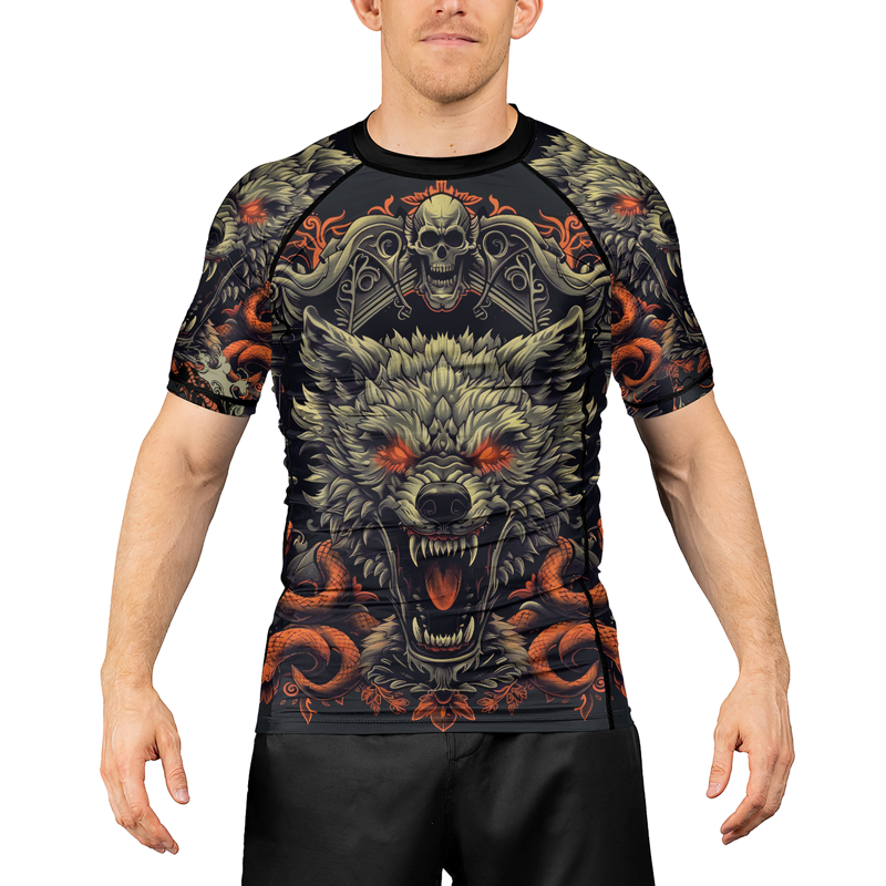 Rashninja Fanged Wolf with Skull Men's Short Sleeve Rash Guard