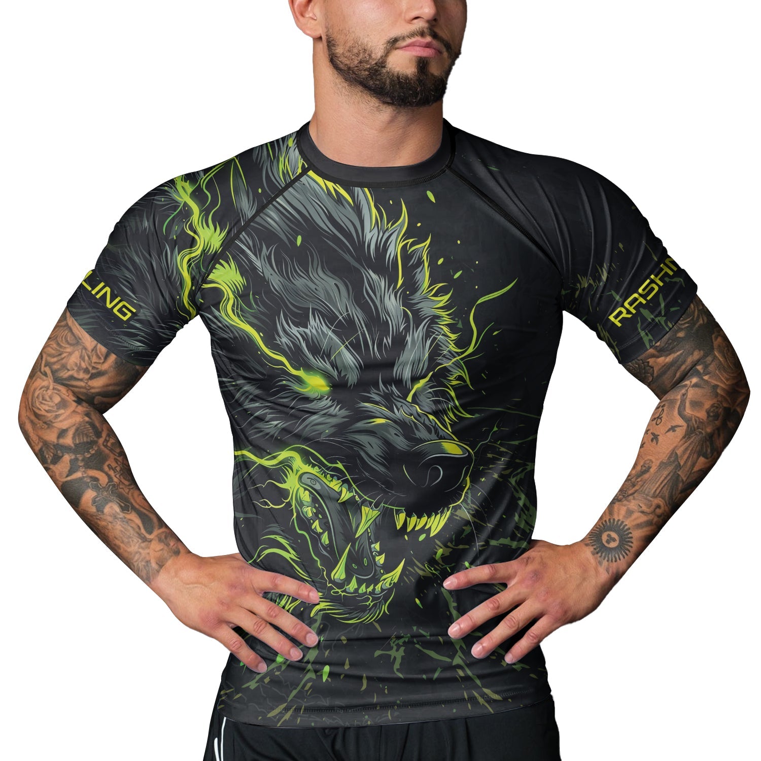Rashninja Neon Snarling Wolf Men's Short Sleeve Rash Guard