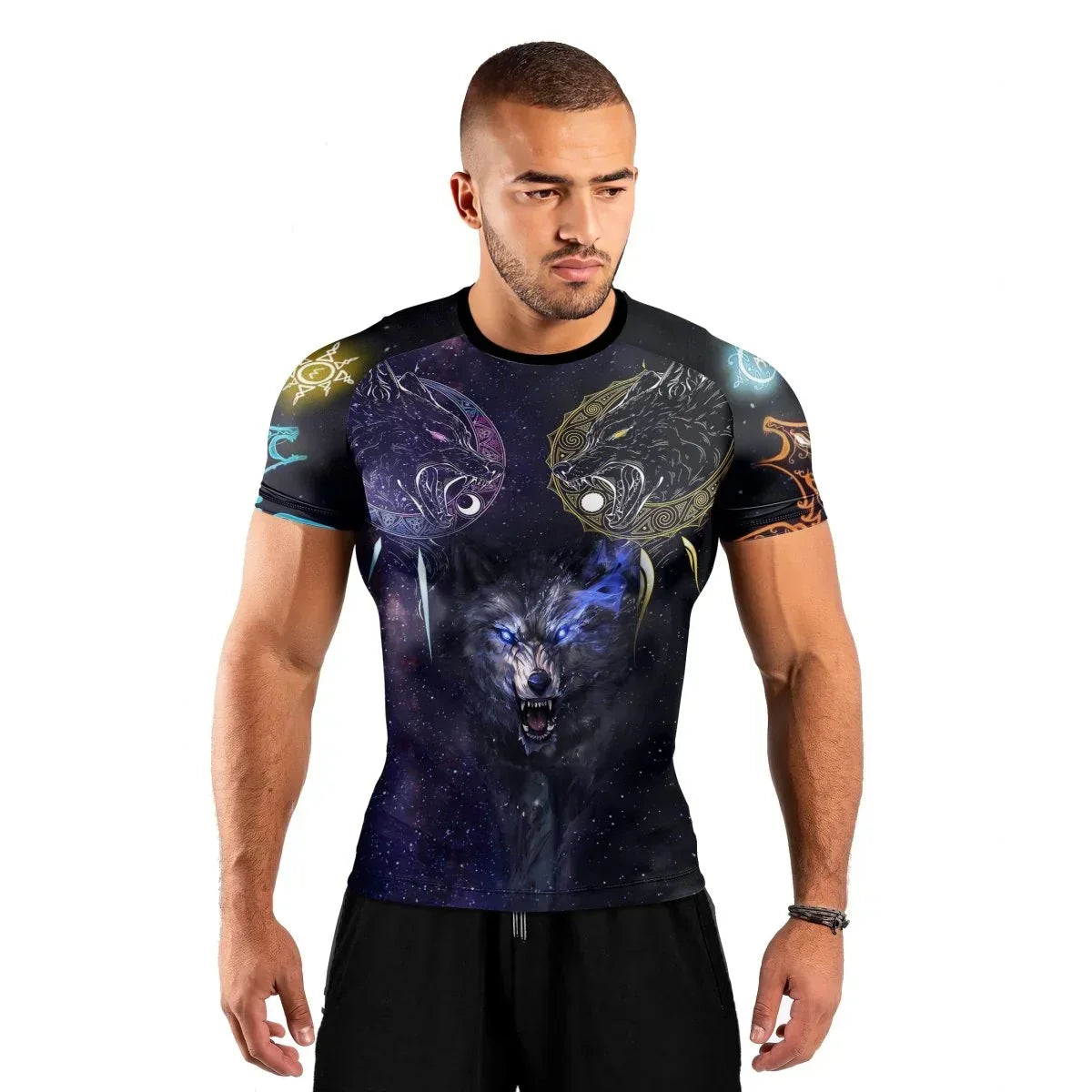Sun and Moon Wolf Entities Men's Short Sleeve Rash Guard