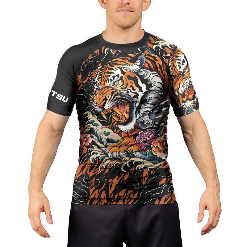 Rashninja Tiger Wave Black Orange Men's Short Sleeve Rash Guard
