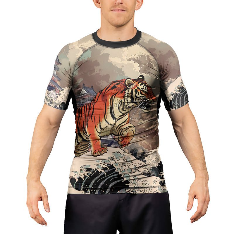 Rashninja Tiger Temple Wave Black Orange Men's Short Sleeve Rash Guard