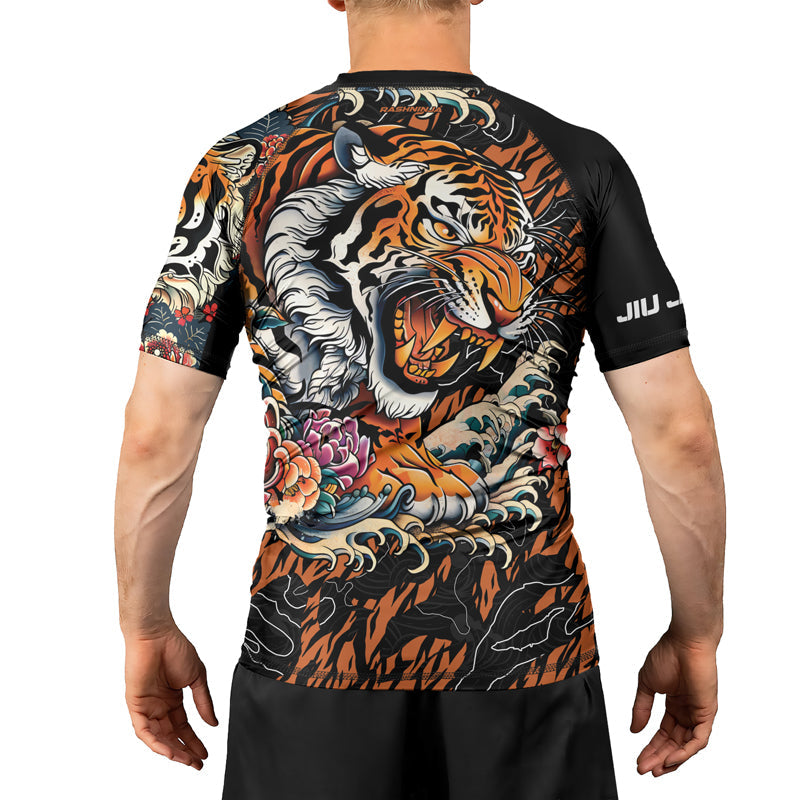 Rashninja Tiger Wave Black Orange Men's Short Sleeve Rash Guard