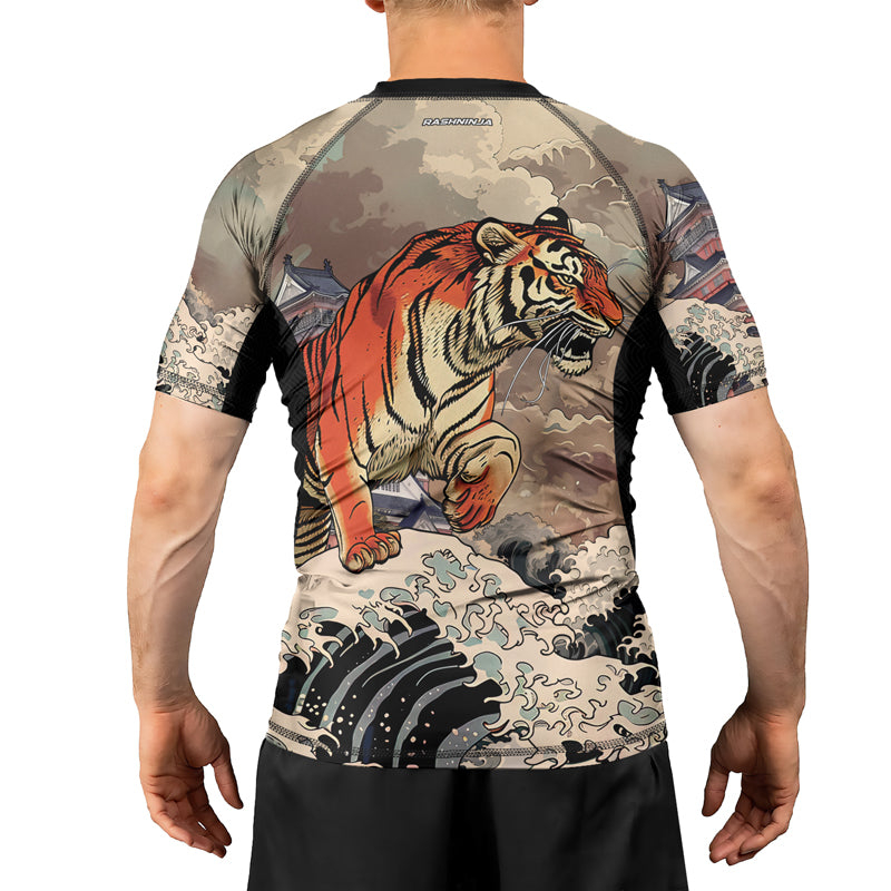 Rashninja Tiger Temple Wave Black Orange Men's Short Sleeve Rash Guard