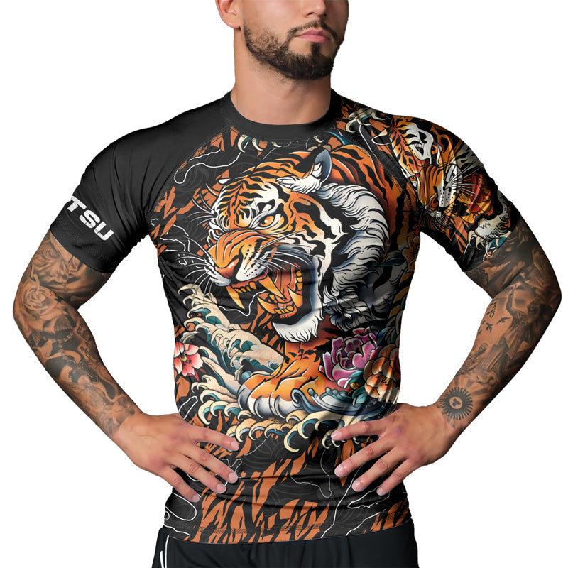 Rashninja Tiger Wave Black Orange Men's Short Sleeve Rash Guard