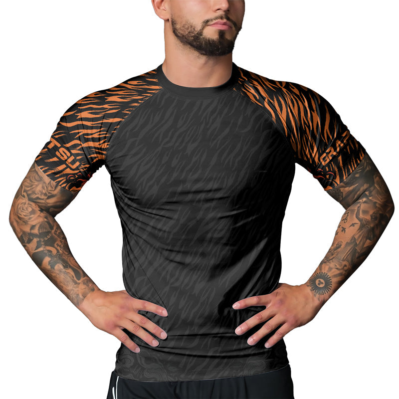 Rashninja Tiger Stripes Black Orange Men's Short Sleeve Rash Guard