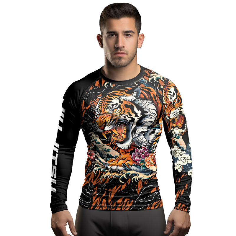 Rashninja Tiger Wave Black Orange Men's Long Sleeve Rash Guard