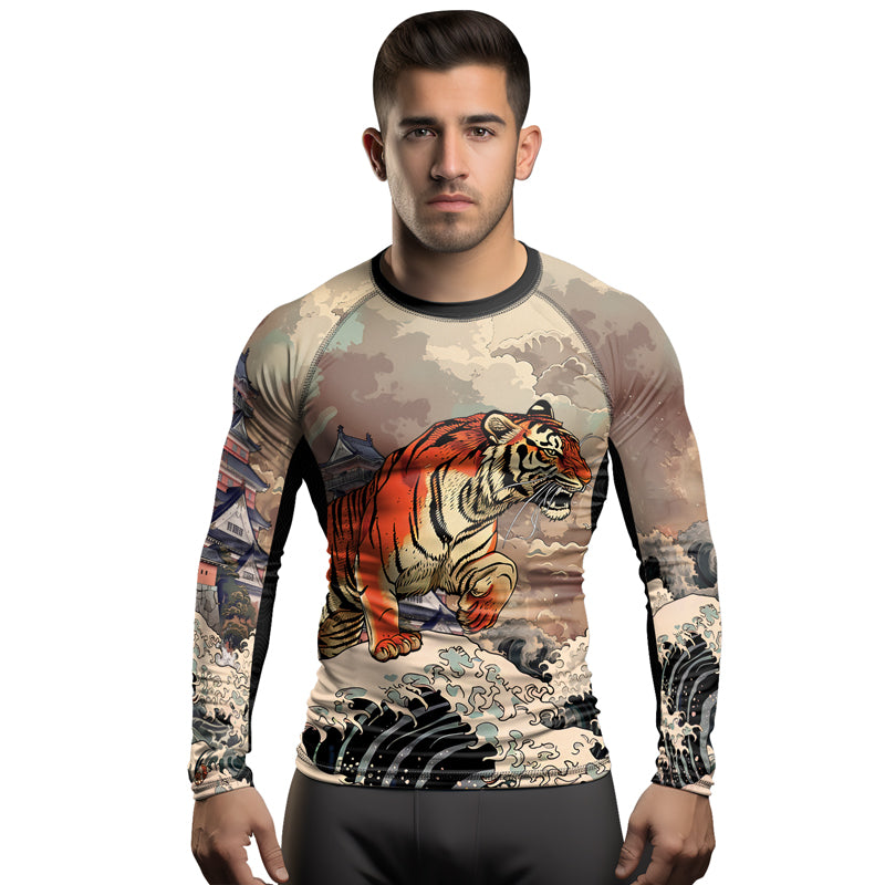 Rashninja Tiger Temple Wave Black Orange Men's Long Sleeve Rash Guard