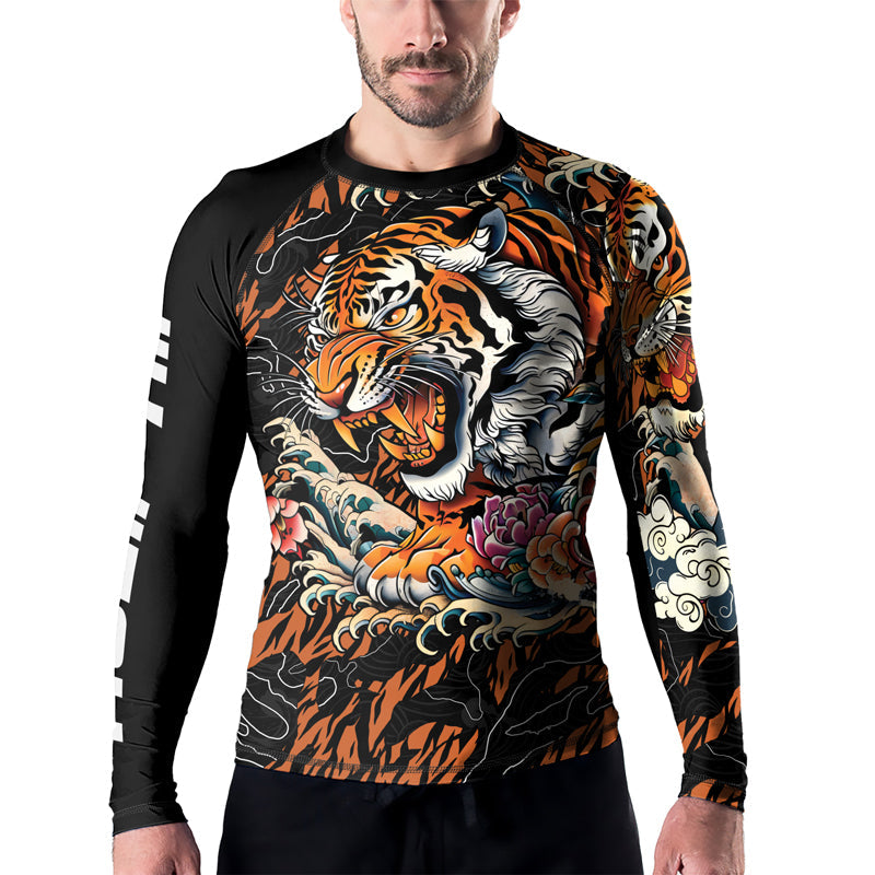 Rashninja Tiger Wave Black Orange Men's Long Sleeve Rash Guard