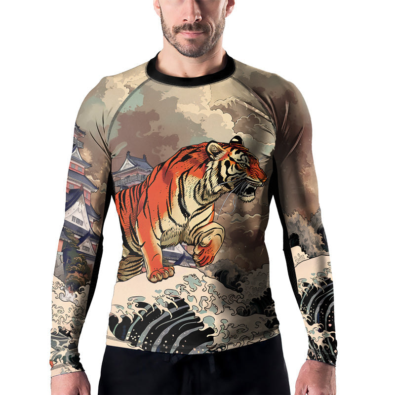 Rashninja Tiger Temple Wave Black Orange Men's Long Sleeve Rash Guard