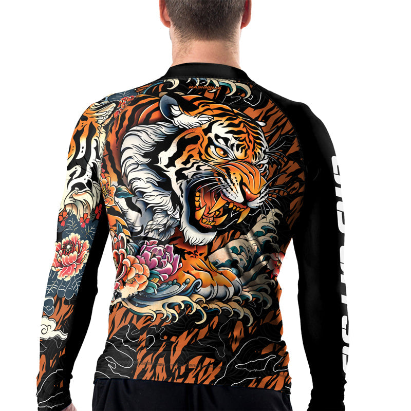 Rashninja Tiger Wave Black Orange Men's Long Sleeve Rash Guard