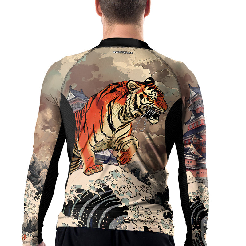 Rashninja Tiger Temple Wave Black Orange Men's Long Sleeve Rash Guard