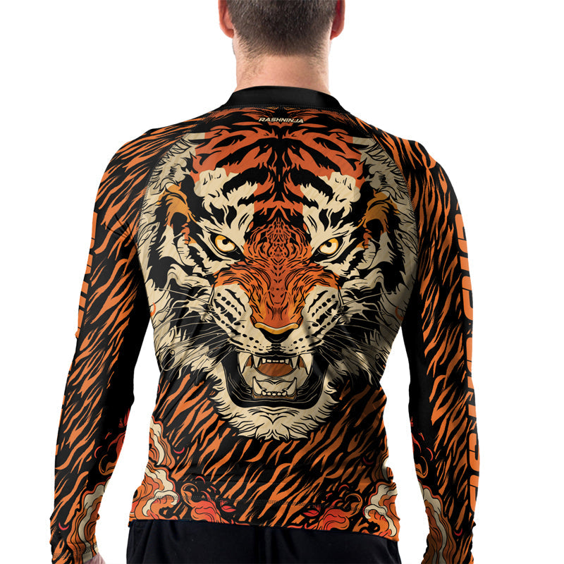 Rashninja Tiger Stripes Black Orange Men's Long Sleeve Rash Guard