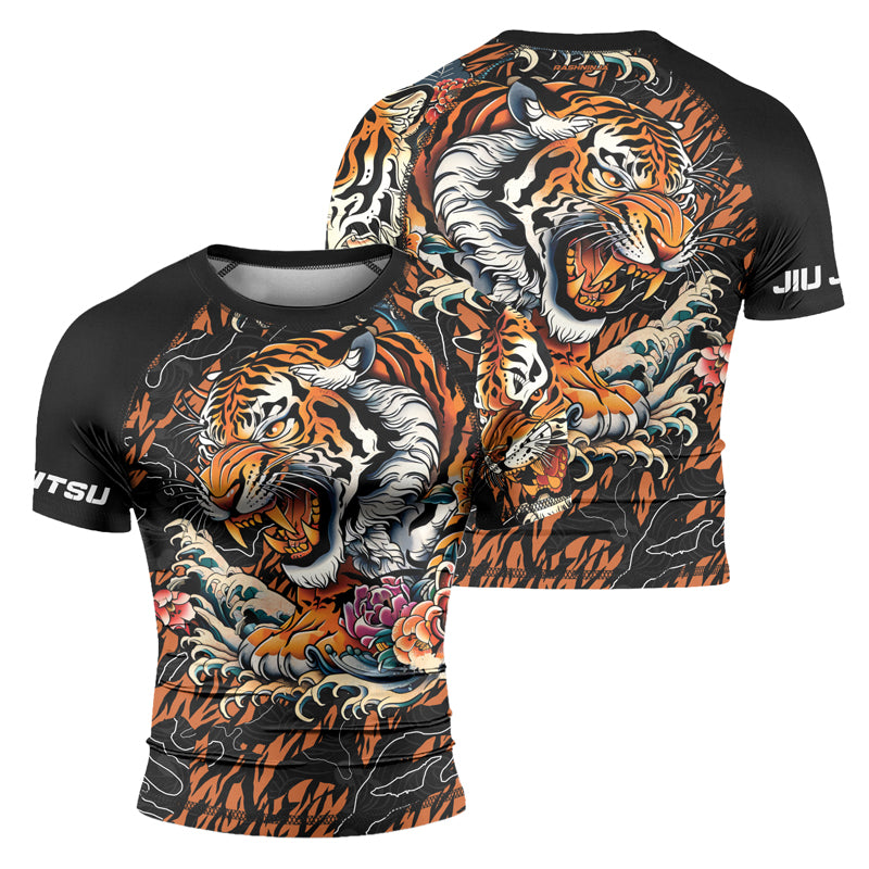 Rashninja Tiger Wave Black Orange Men's Short Sleeve Rash Guard