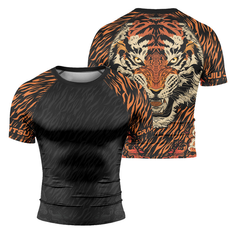 Rashninja Tiger Stripes Black Orange Men's Short Sleeve Rash Guard