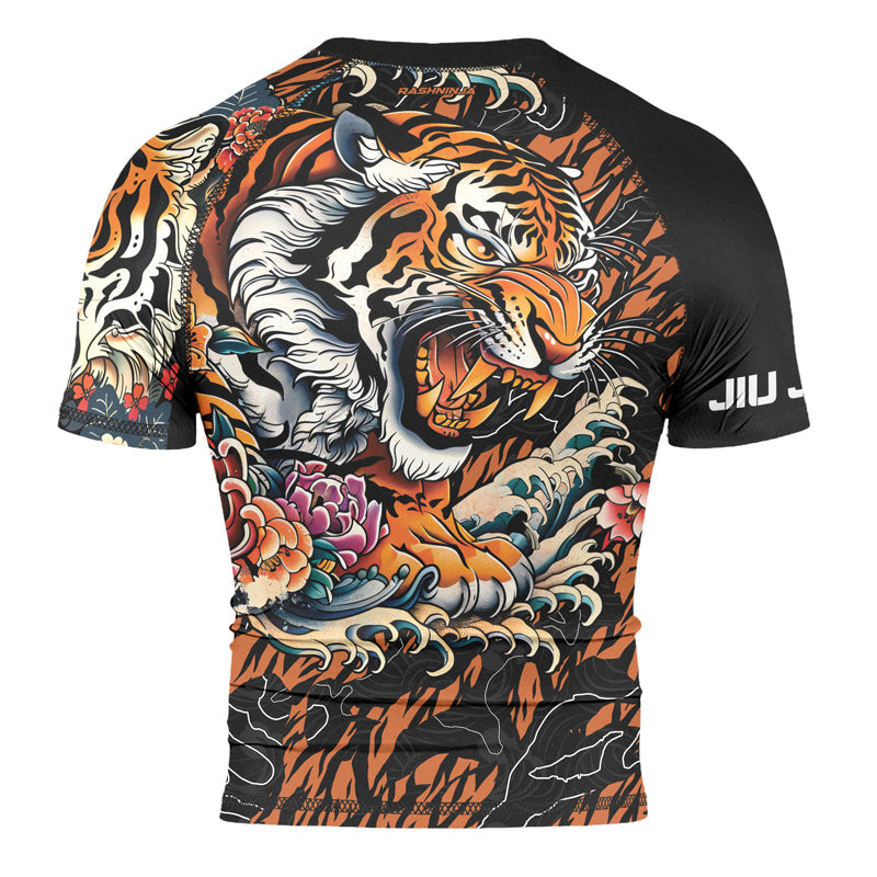 Rashninja Tiger Wave Black Orange Men's Short Sleeve Rash Guard