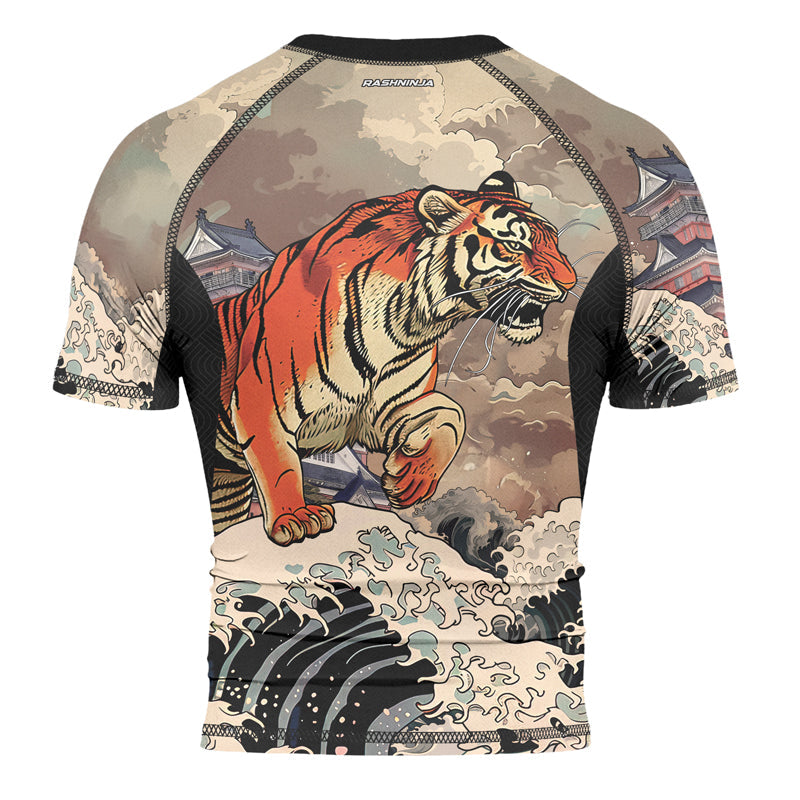 Rashninja Tiger Temple Wave Black Orange Men's Short Sleeve Rash Guard
