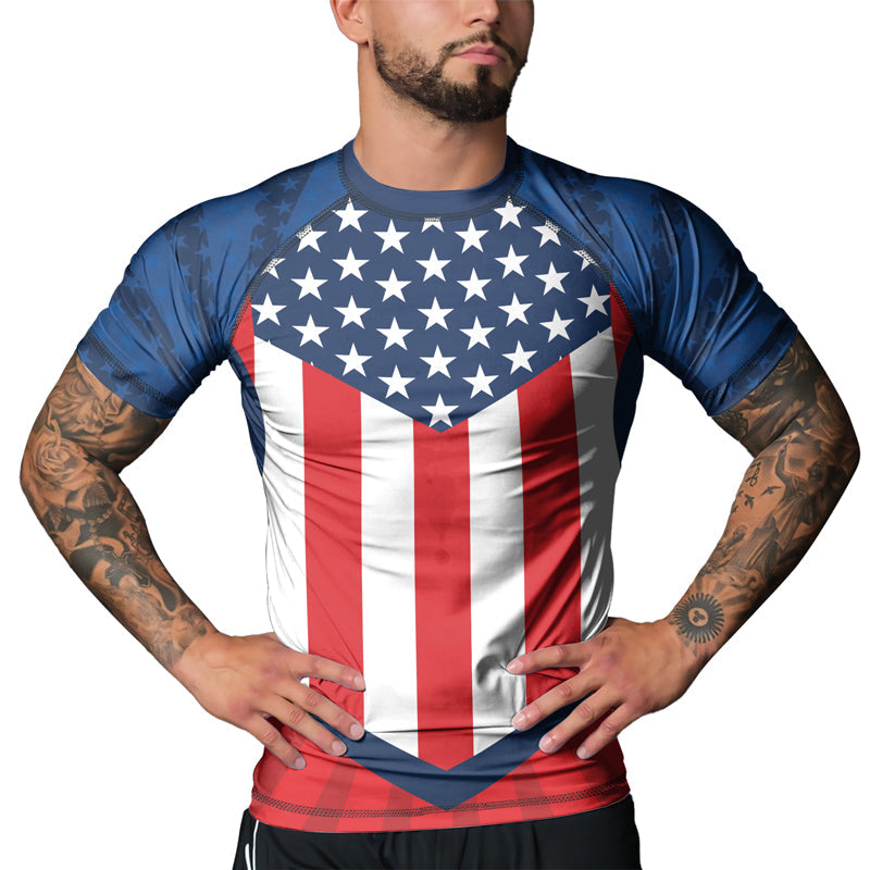 Rashninja Patriotic Flag Chevron Men's Short Sleeve Rash Guard