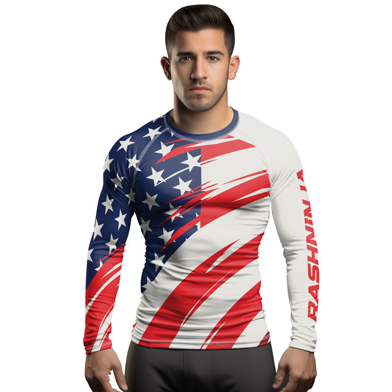Rashninja Patriotic Flag White Men's Long Sleeve Rash Guard