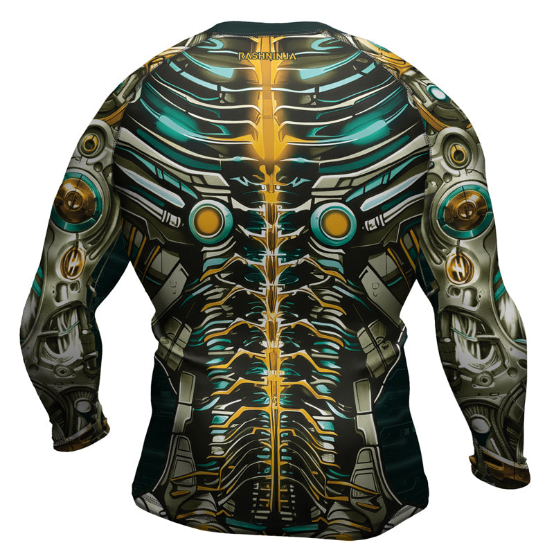 Rashninja Cyber Biomechanic Teal Gold Men's Long Sleeve Rash Guard