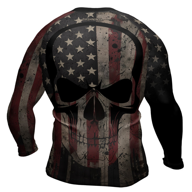 Rashninja Patriotic Skull Distressed Men's Long Sleeve Rash Guard
