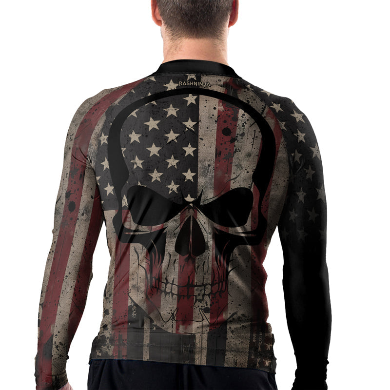 Rashninja Patriotic Skull Distressed Men's Long Sleeve Rash Guard