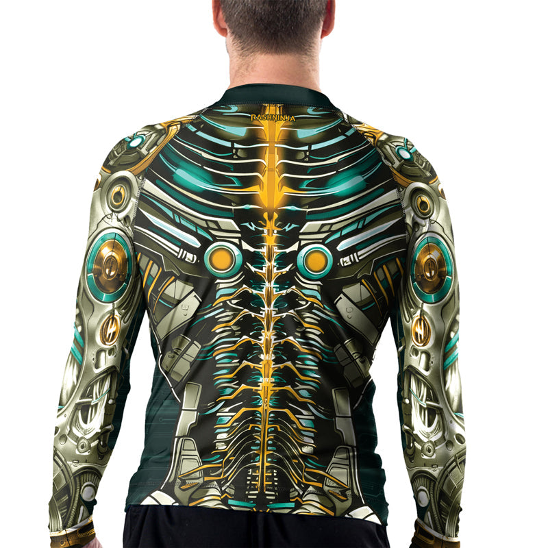 Rashninja Cyber Biomechanic Teal Gold Men's Long Sleeve Rash Guard