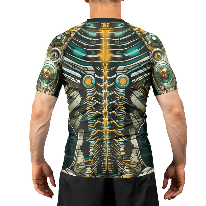 Rashninja Cyber Biomechanic Teal Gold Men's Short Sleeve Rash Guard