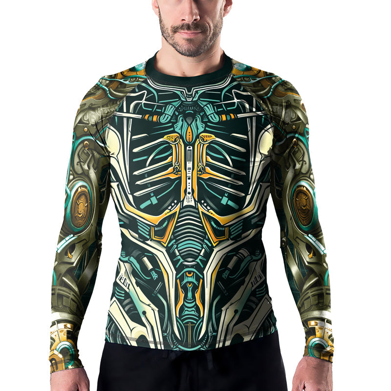 Rashninja Cyber Biomechanic Teal Gold Men's Long Sleeve Rash Guard
