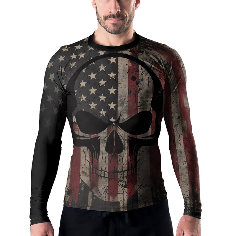 Rashninja Patriotic Skull Distressed Men's Long Sleeve Rash Guard