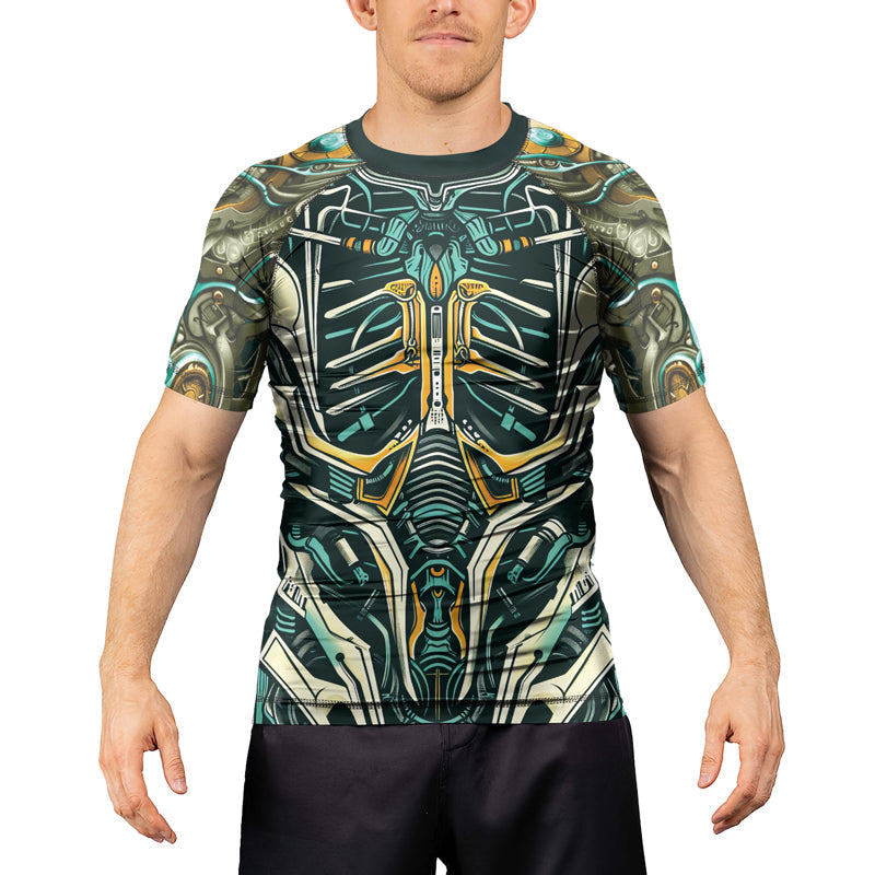 Rashninja Cyber Biomechanic Teal Gold Men's Short Sleeve Rash Guard