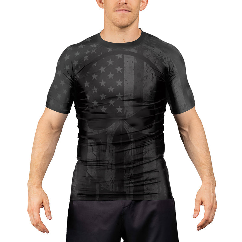 Rashninja Patriotic Skull Flag Men's Short Sleeve Rash Guard