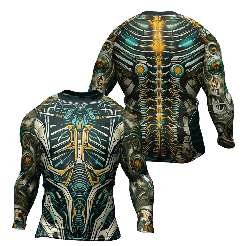 Rashninja Cyber Biomechanic Teal Gold Men's Long Sleeve Rash Guard