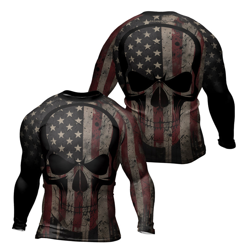 Rashninja Patriotic Skull Distressed Men's Long Sleeve Rash Guard