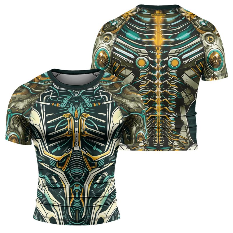 Rashninja Cyber Biomechanic Teal Gold Men's Short Sleeve Rash Guard