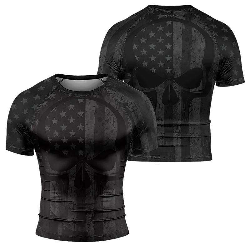 Rashninja Patriotic Skull Flag Men's Short Sleeve Rash Guard