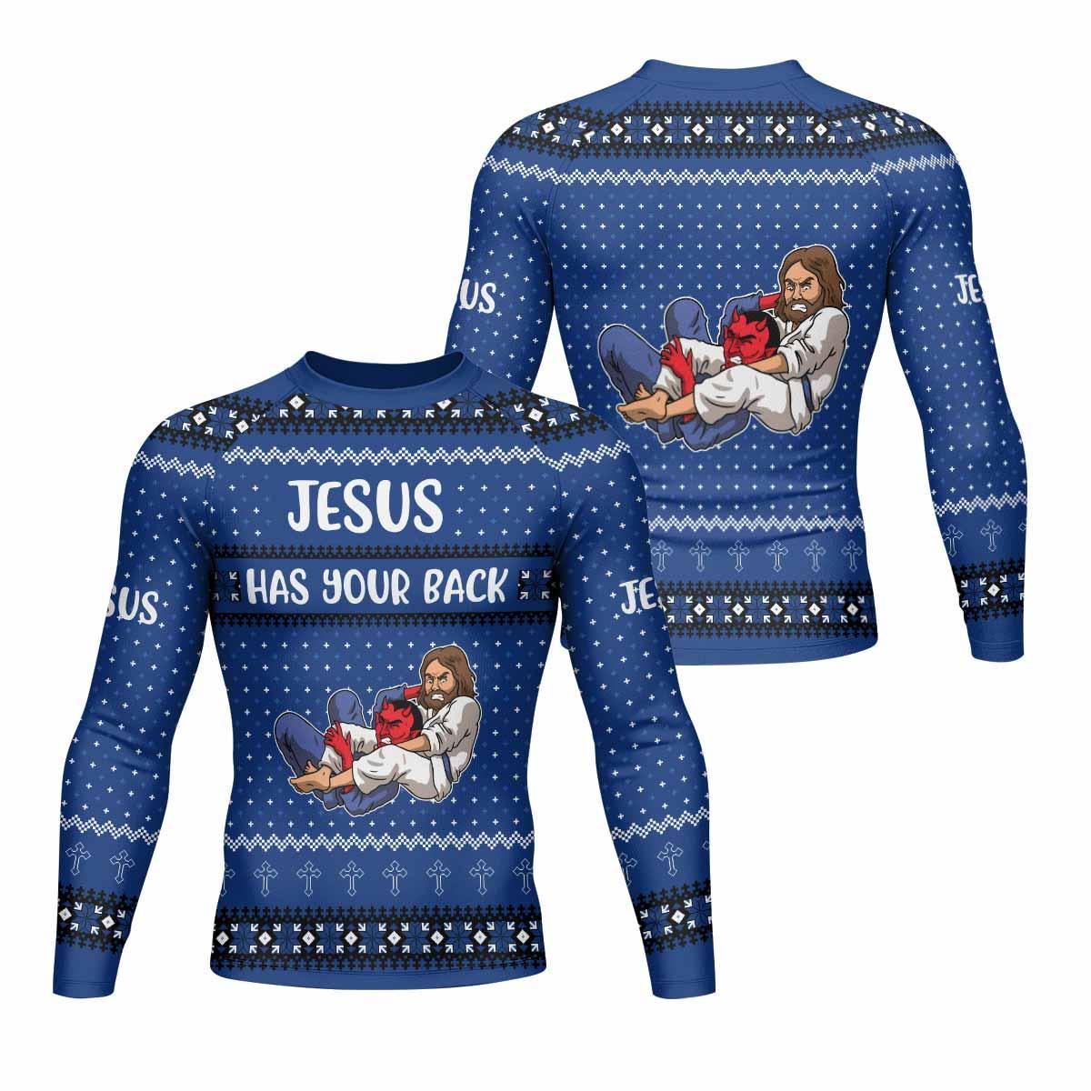 Jesus Has Your Back Blue Rash Guard