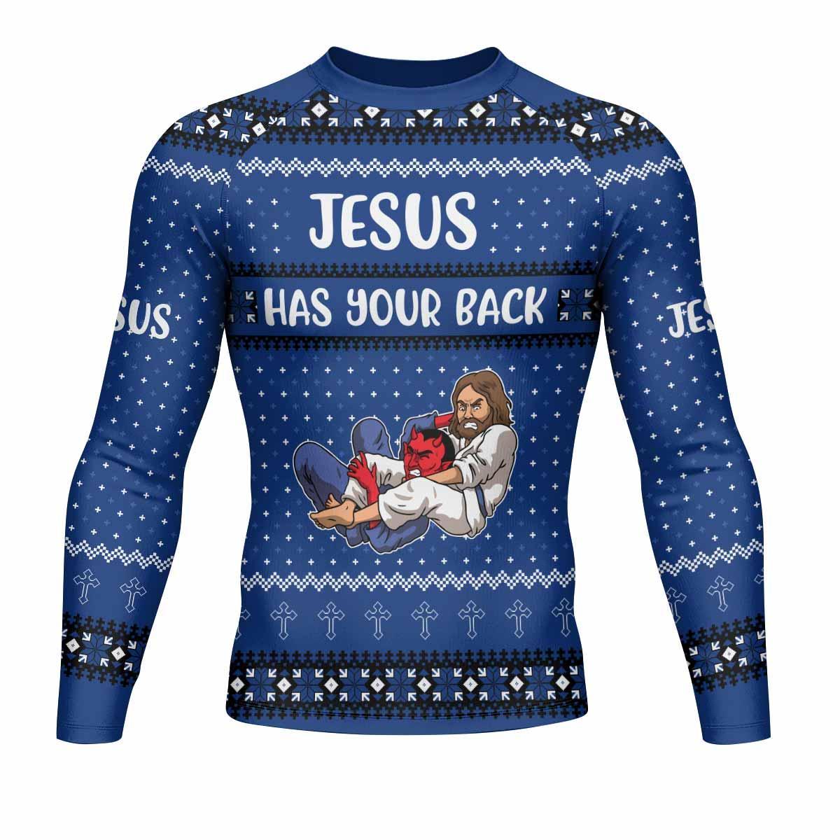 Jesus Has Your Back Blue Rash Guard