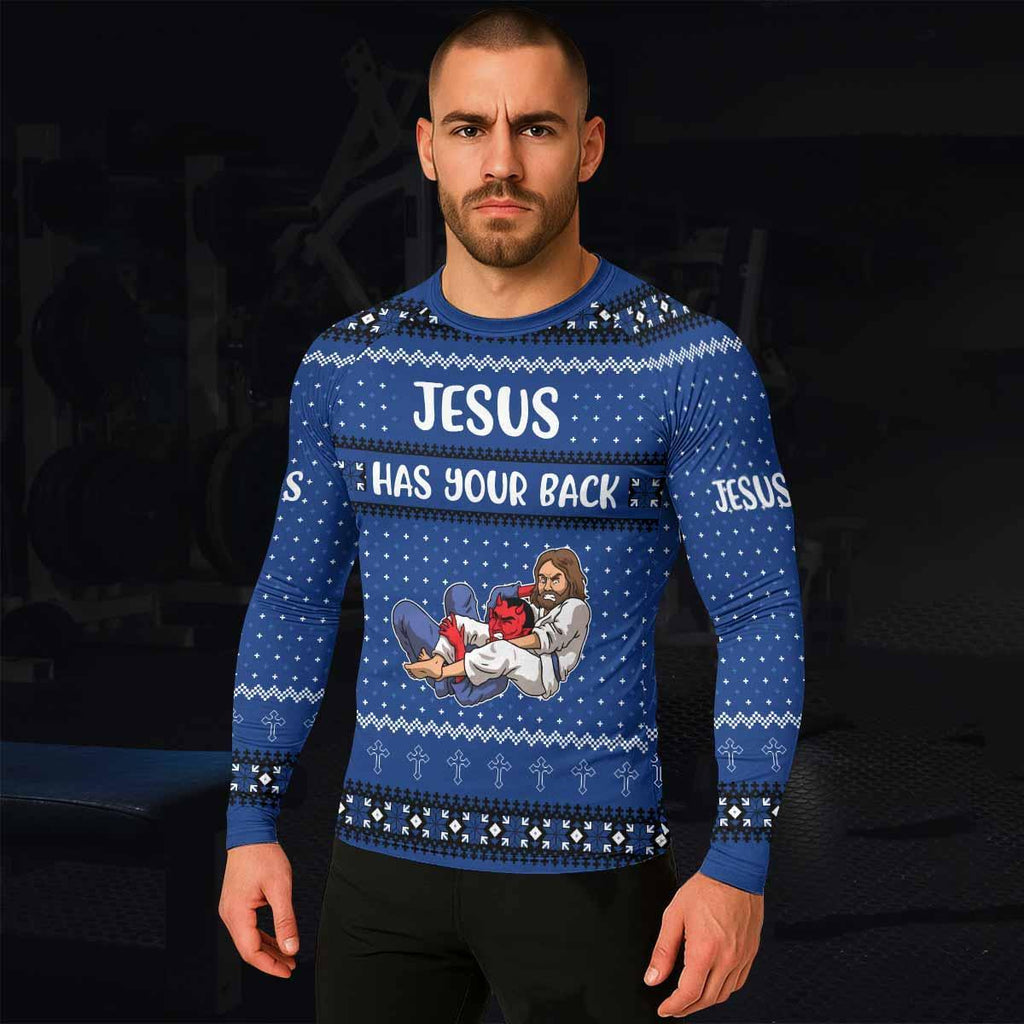 Jesus Has Your Back Blue Rash Guard
