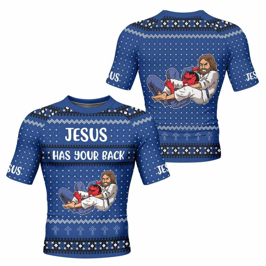 Jesus Has Your Back Blue Rash Guard