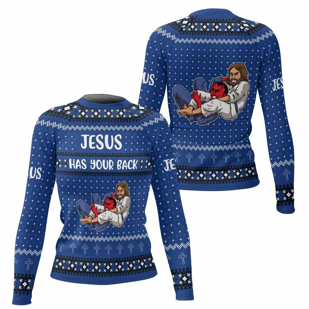 Jesus Has Your Back Blue Rash Guard