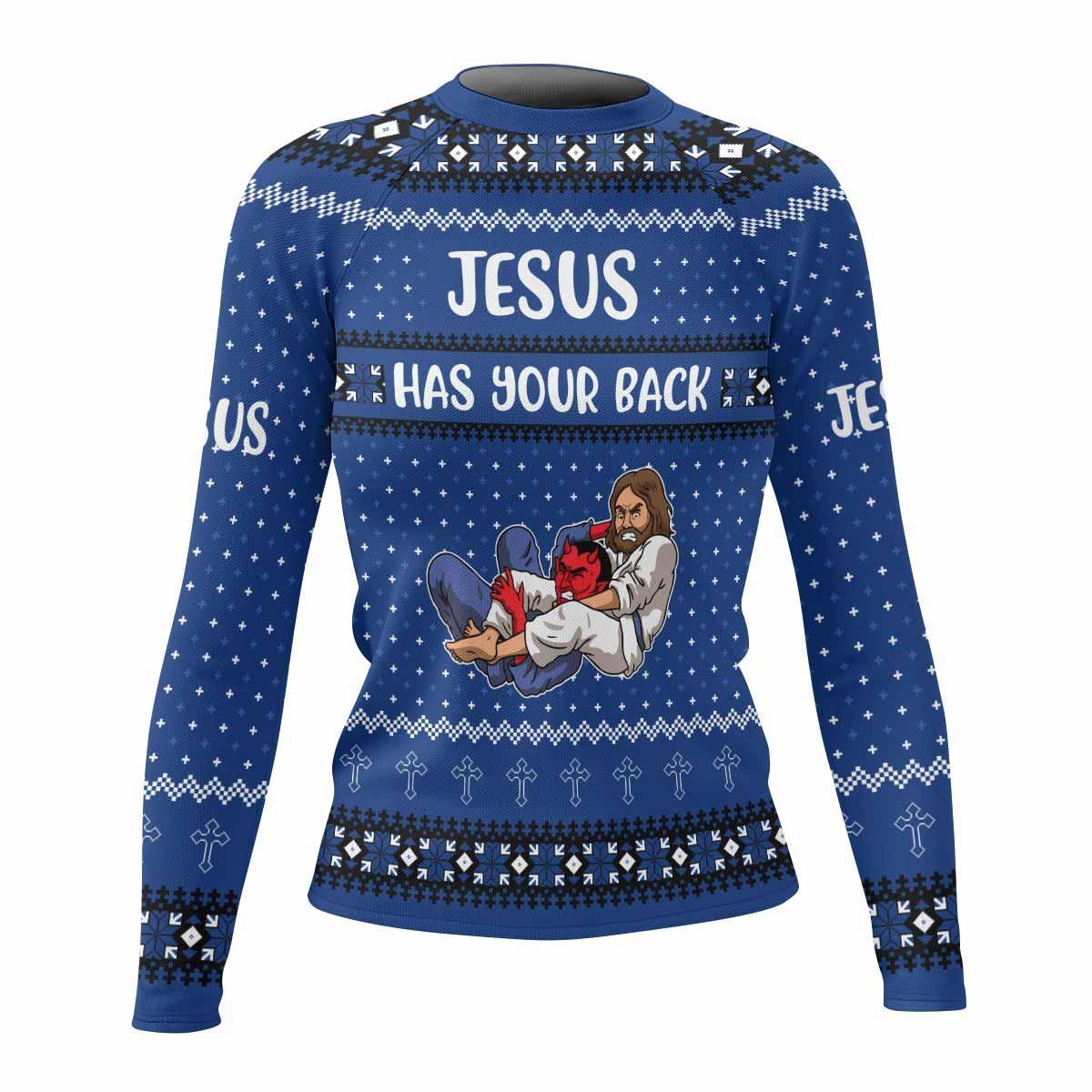 Jesus Has Your Back Blue Rash Guard