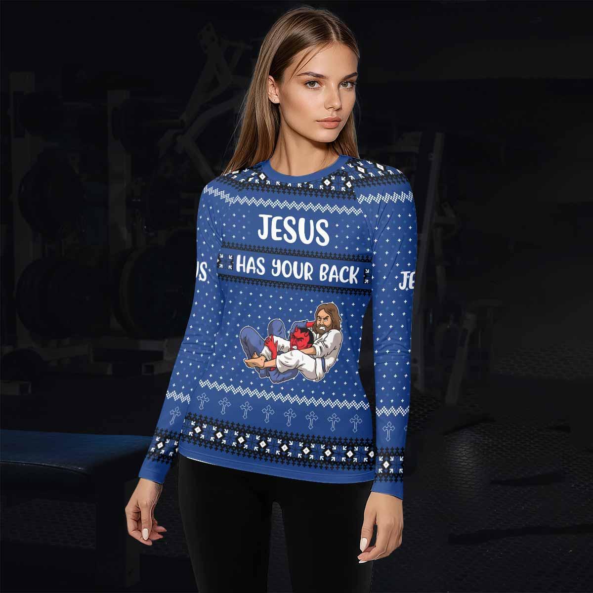 Jesus Has Your Back Blue Rash Guard