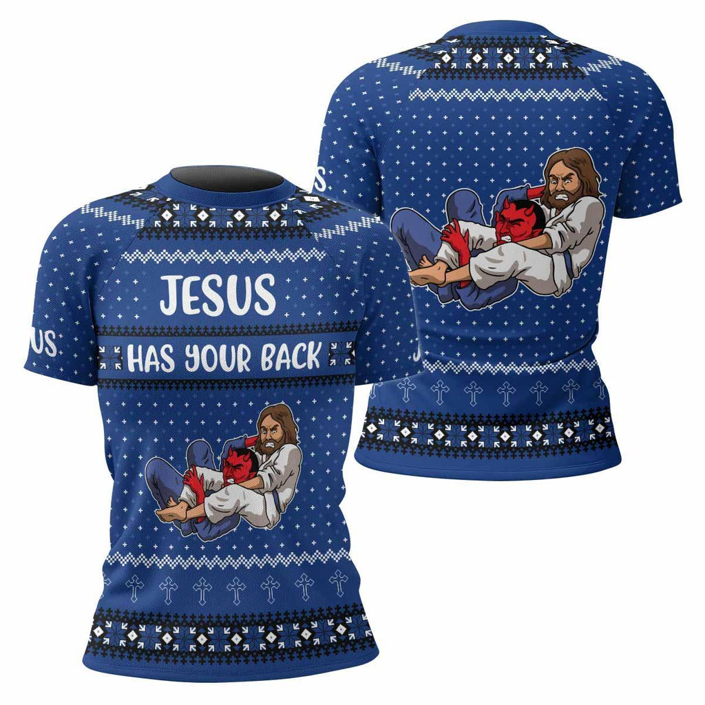 Jesus Has Your Back Blue Rash Guard