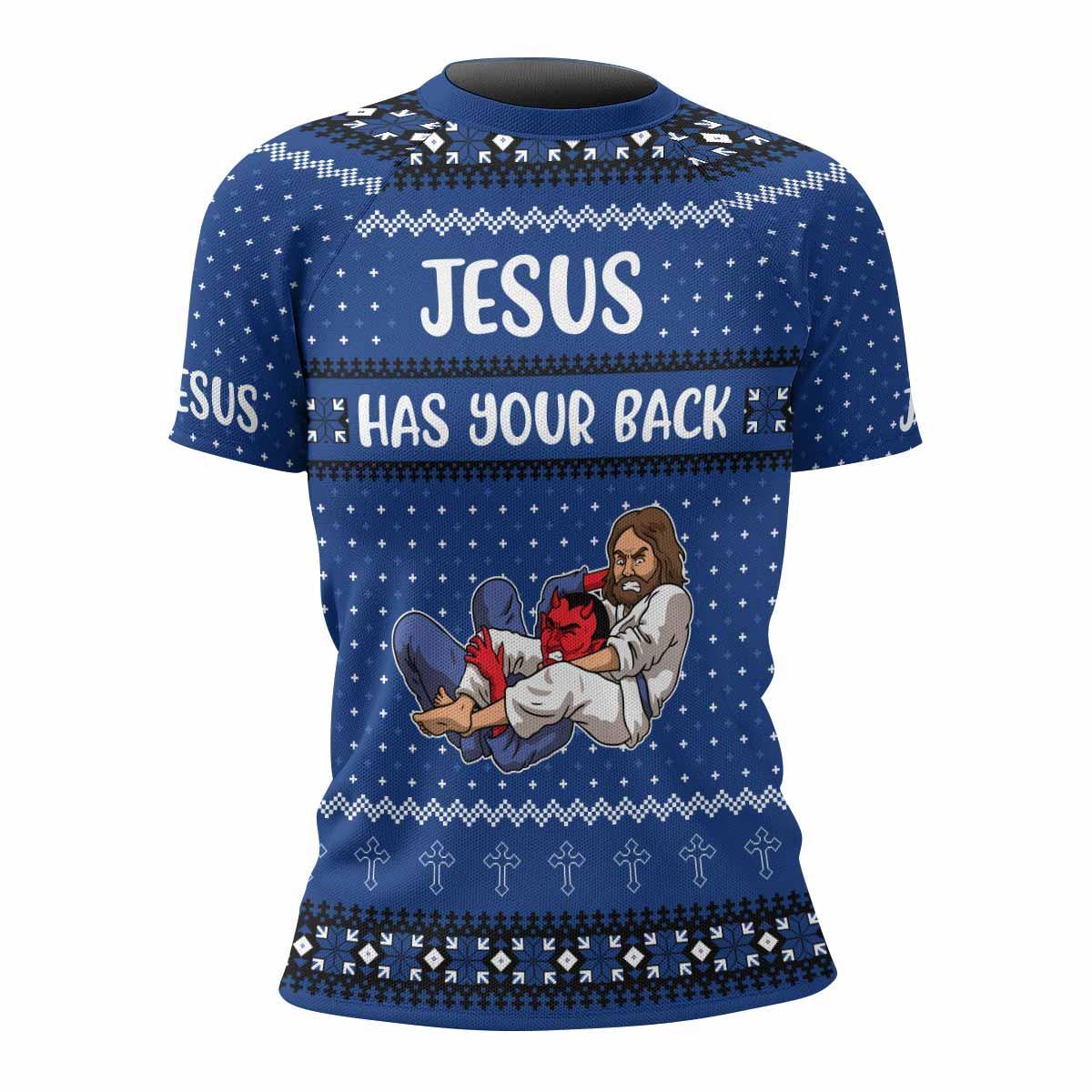 Jesus Has Your Back Blue Rash Guard