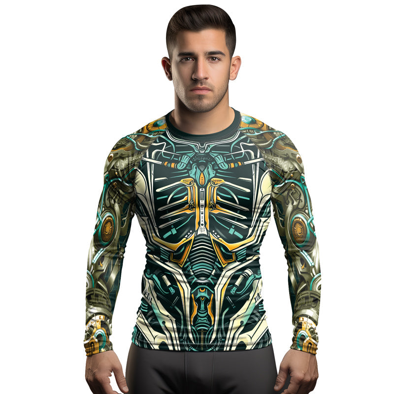 Rashninja Cyber Biomechanic Teal Gold Men's Long Sleeve Rash Guard