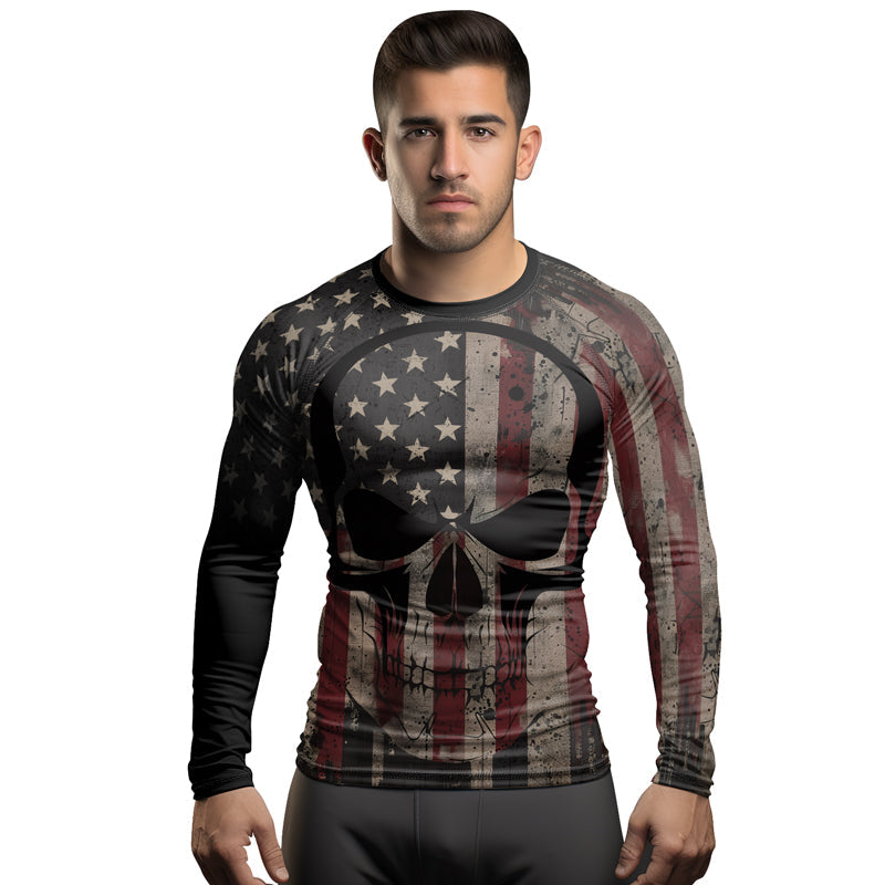 Rashninja Patriotic Skull Distressed Men's Long Sleeve Rash Guard