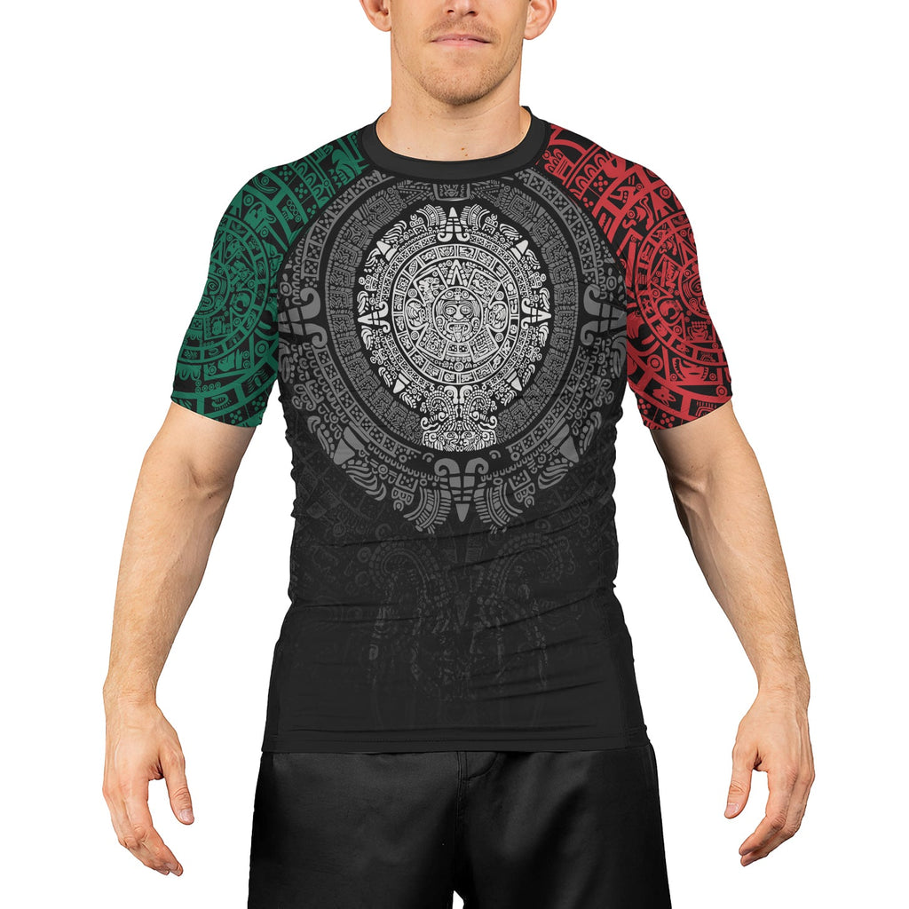 Rashninja Green And Red Aztec Calendar Men's Short Sleeve Rash Guard