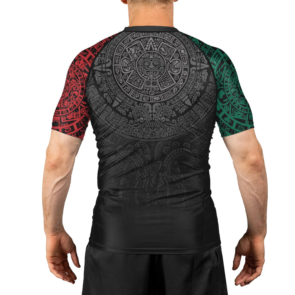 Rashninja Green And Red Aztec Calendar Men's Short Sleeve Rash Guard