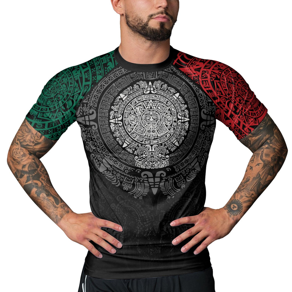 Rashninja Green And Red Aztec Calendar Men's Short Sleeve Rash Guard