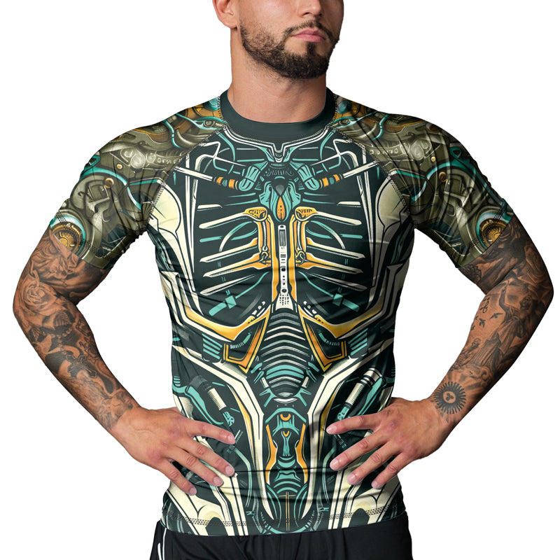 Rashninja Cyber Biomechanic Teal Gold Men's Short Sleeve Rash Guard